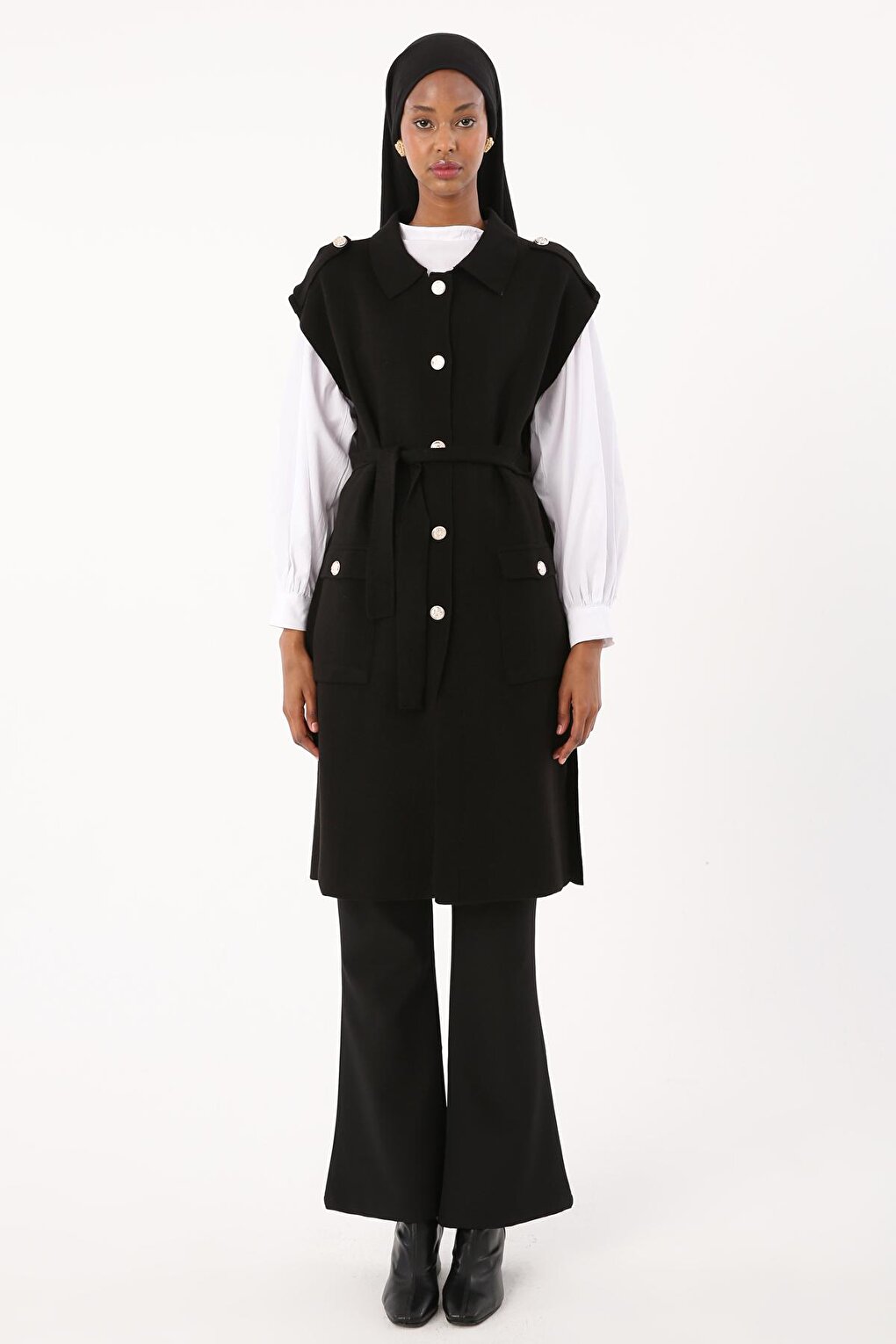 Black Shirt Collar Belted Knitwear Vest