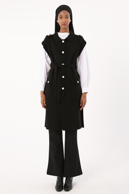 Black Shirt Collar Belted Knitwear Vest