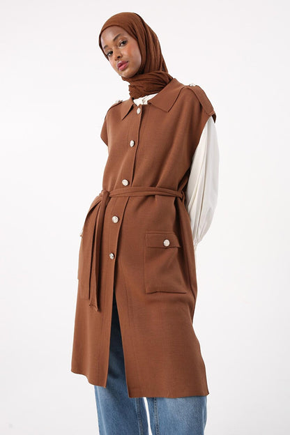 Brown Shirt Collar Belted Knitwear Vest