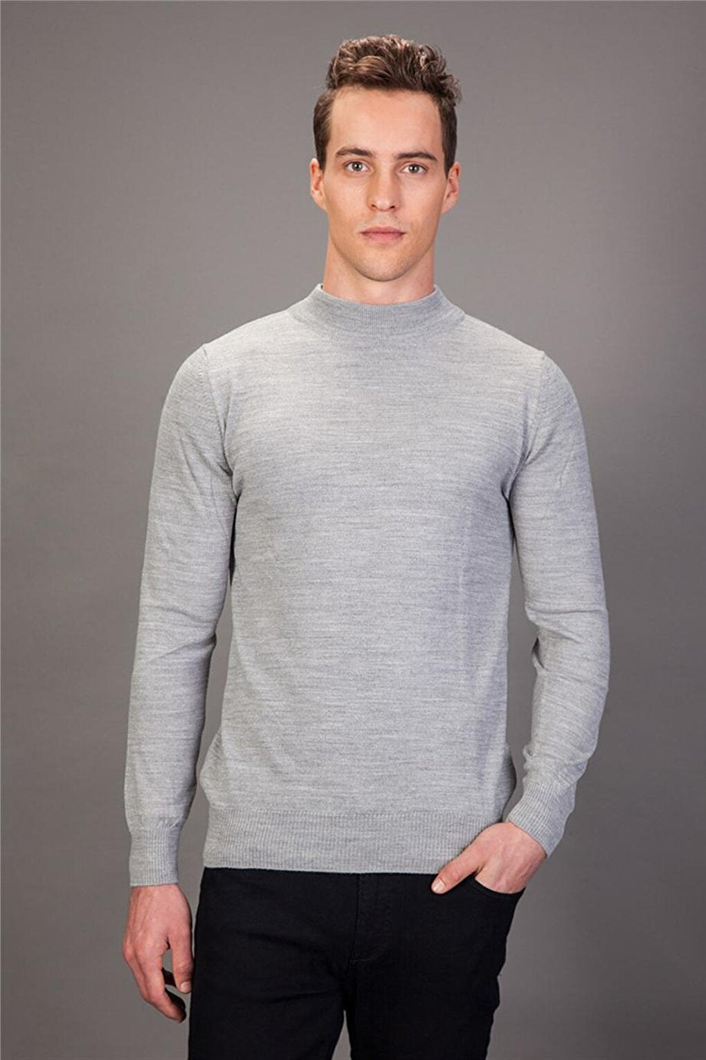 Slim Fit Half Turtleneck Plain Men's Gray Sweater