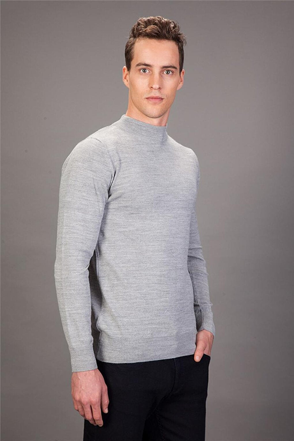 Slim Fit Half Turtleneck Plain Men's Gray Sweater