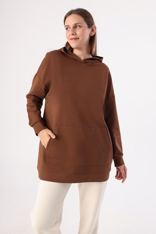 Brown Kangaroo Pocket Hooded Sweat Tunic