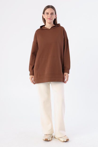 Brown Kangaroo Pocket Hooded Sweat Tunic