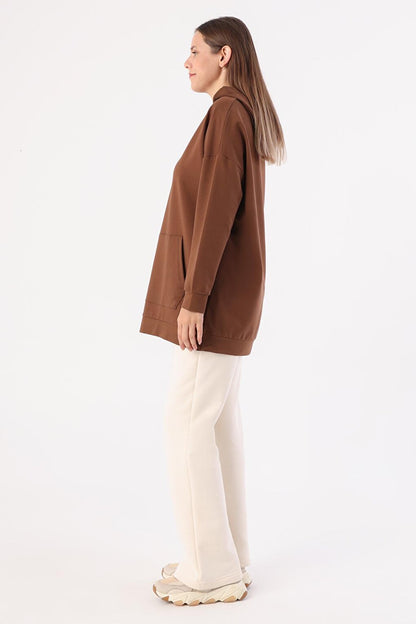 Brown Kangaroo Pocket Hooded Sweat Tunic