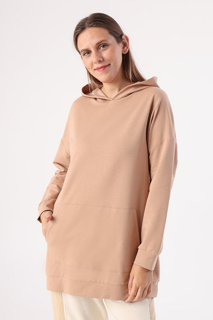 Beige Kangaroo Pocket Hooded Sweat Tunic