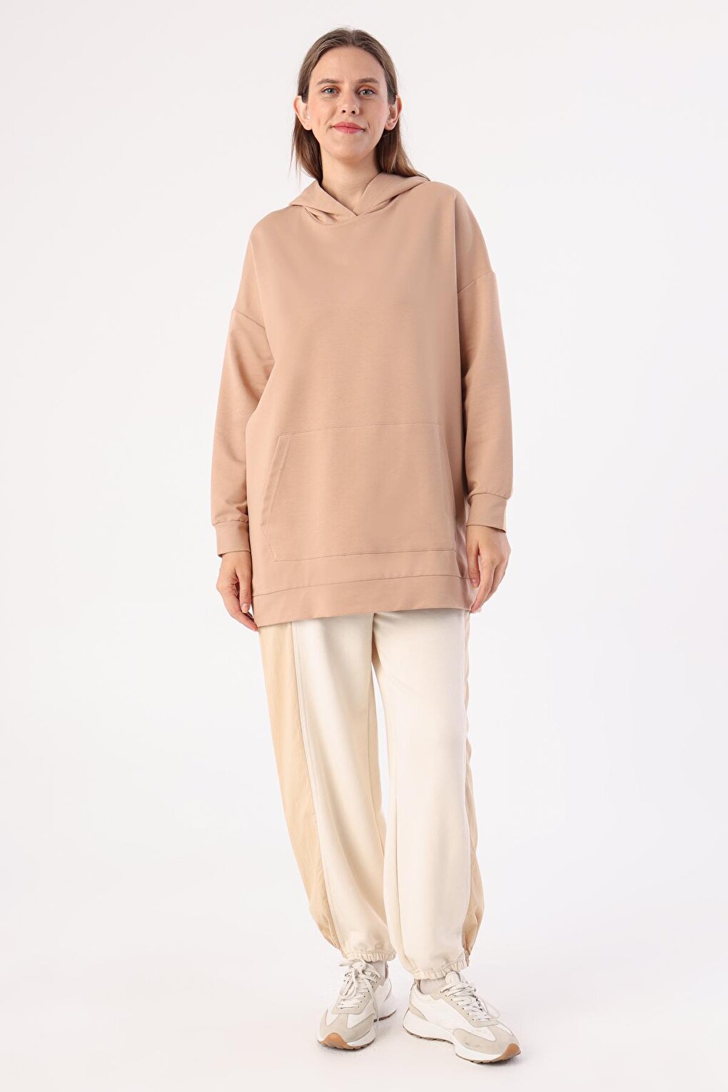 Beige Kangaroo Pocket Hooded Sweat Tunic