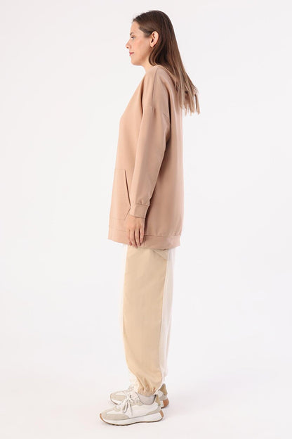 Beige Kangaroo Pocket Hooded Sweat Tunic