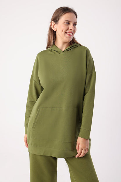 Khaki Kangaroo Pocket Hooded Sweat Tunic