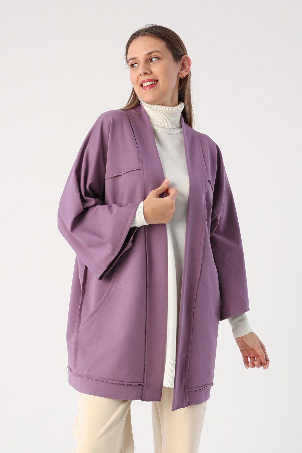 Dark Lilac Bat Sleeve Oversize Cardigan