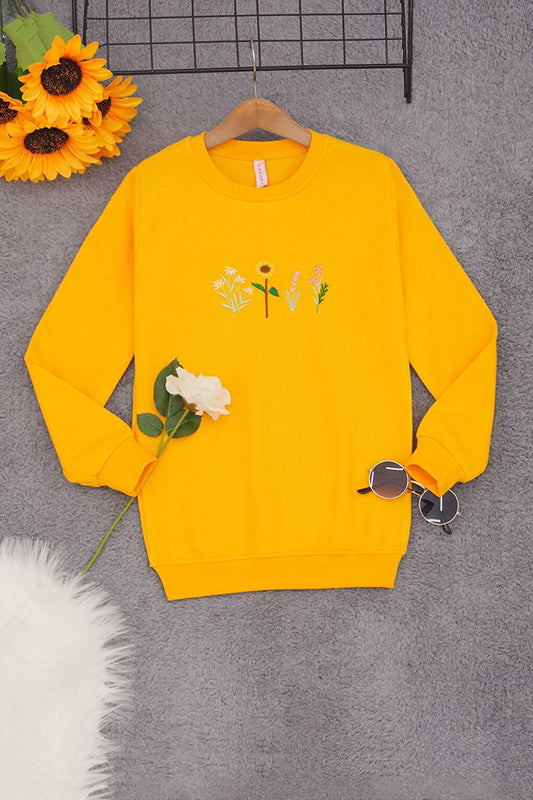 Yellow Daisy Embroidered Girl's Sweatshirt 17207