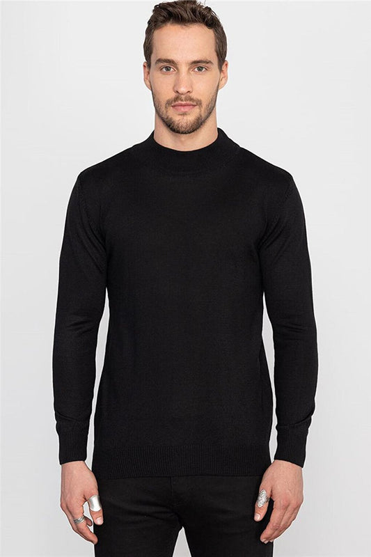 Slim Fit Half Turtleneck Plain Men's Black Sweater