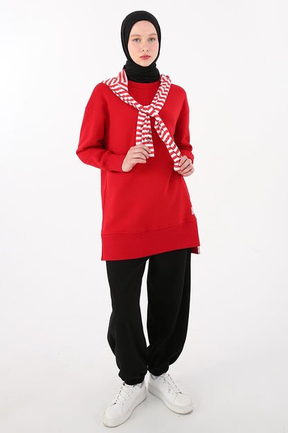 Red Printed Sweat Tunic with Slits on the Sides