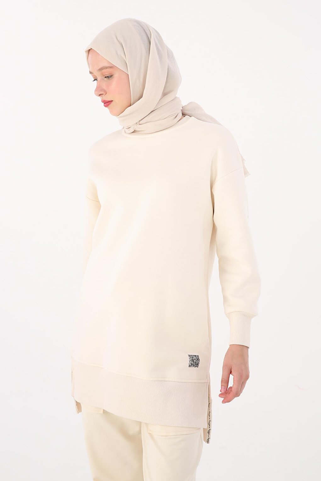 Ecru Printed Raised Sweat Tunic with Slits on the Sides