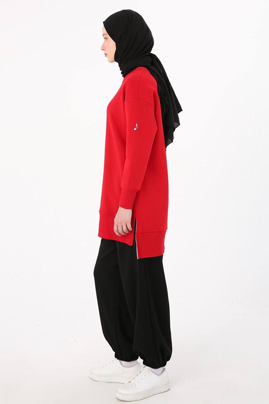 Red Printed Sweat Tunic with Slits on the Sides