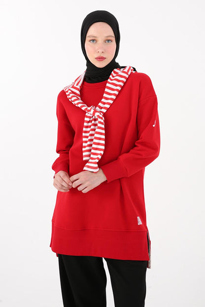 Red Printed Sweat Tunic with Slits on the Sides