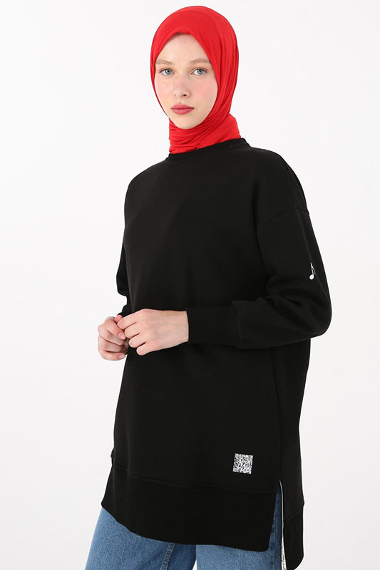 Black Printed Sweat Tunic with Slits on the Sides