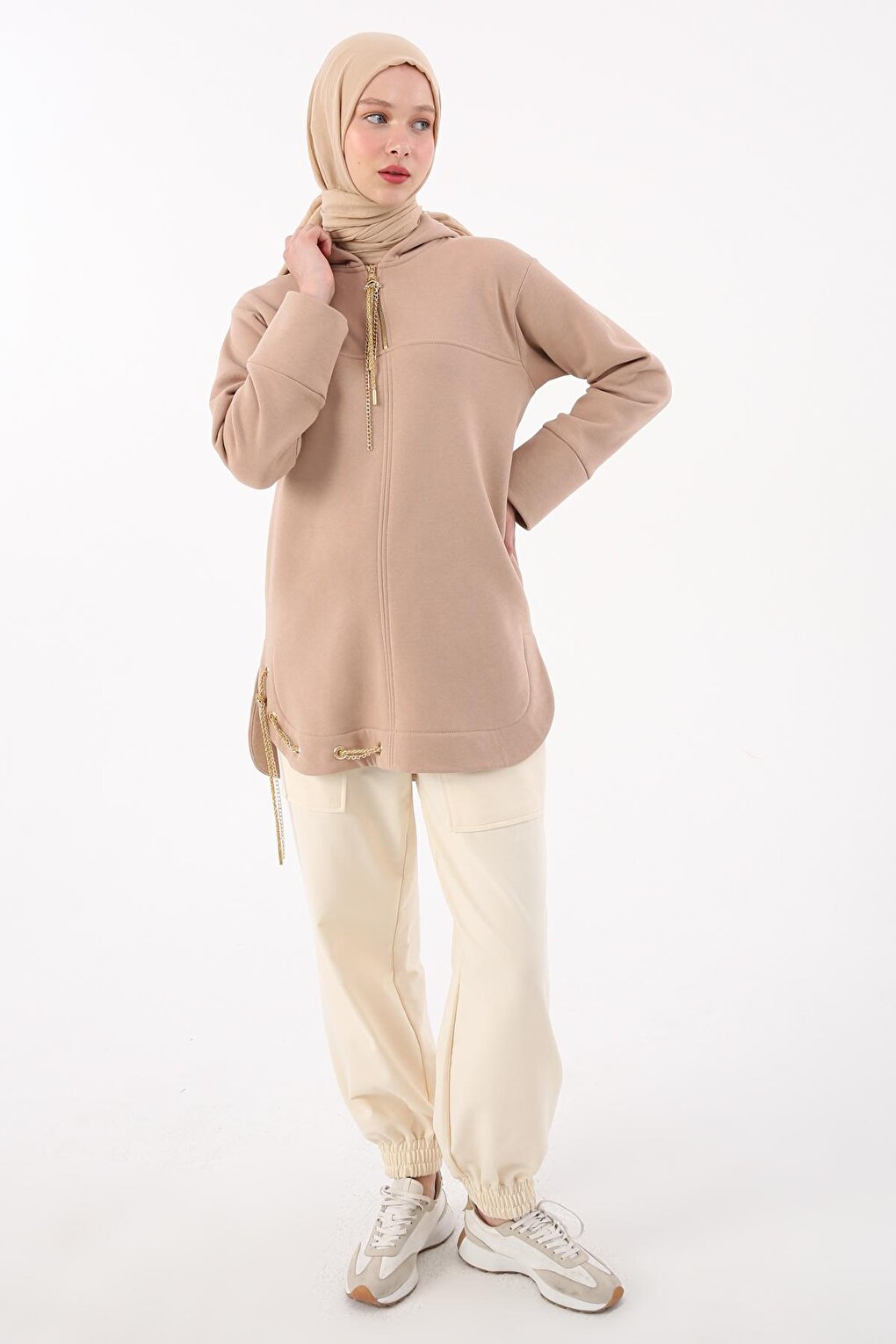 Beige Hooded Chain Glitter Detailed Raised Sweat Tunic