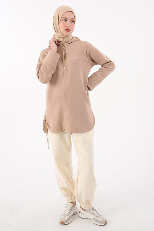 Beige Hooded Chain Glitter Detailed Raised Sweat Tunic