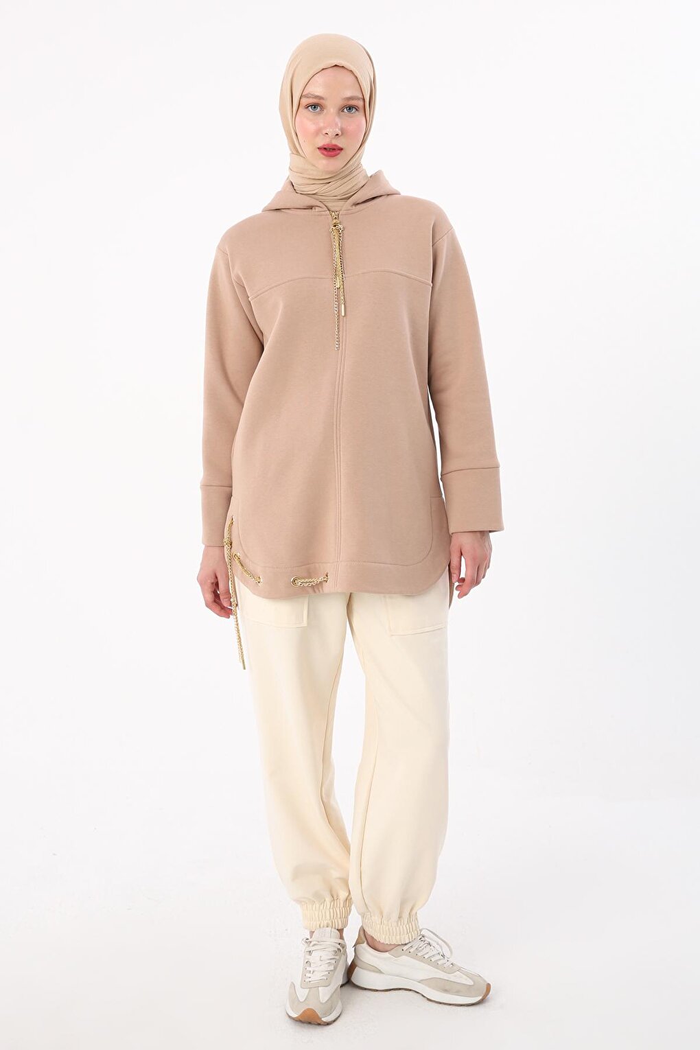 Beige Hooded Chain Glitter Detailed Raised Sweat Tunic