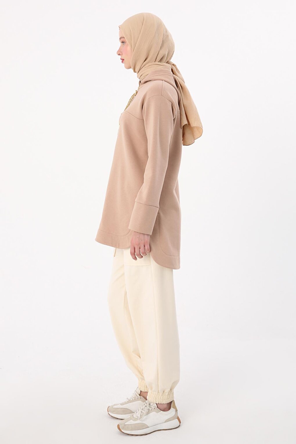 Beige Hooded Chain Glitter Detailed Raised Sweat Tunic