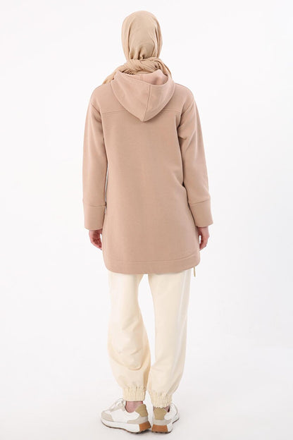 Beige Hooded Chain Glitter Detailed Raised Sweat Tunic