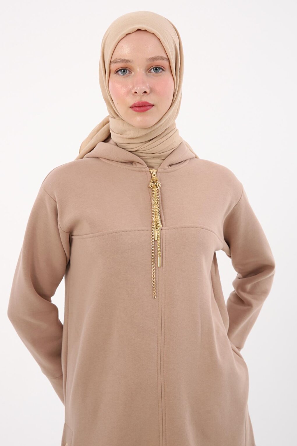 Beige Hooded Chain Glitter Detailed Raised Sweat Tunic