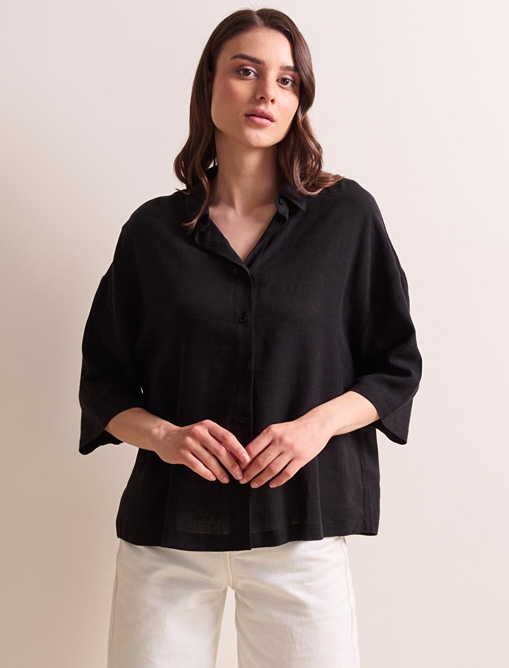 Black Loose Cut Three Quarter Sleeve Linen Shirt