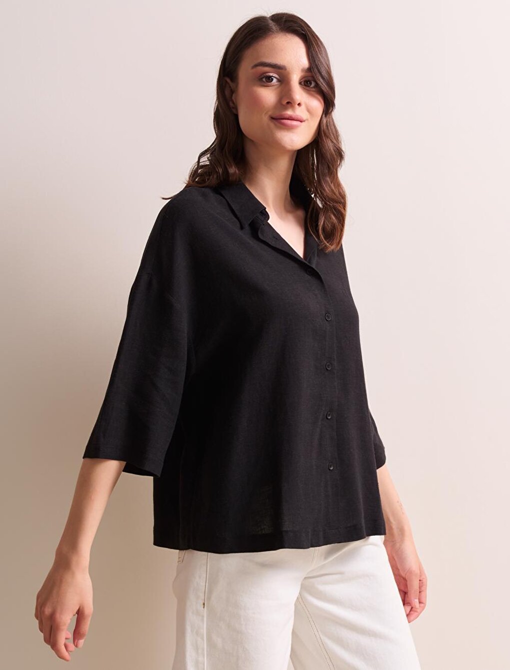 Black Loose Cut Three Quarter Sleeve Linen Shirt