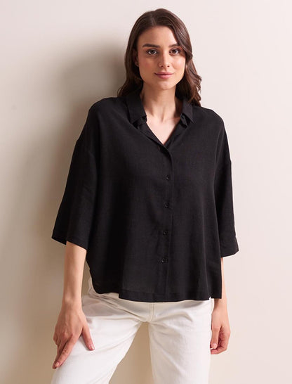 Black Loose Cut Three Quarter Sleeve Linen Shirt