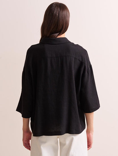 Black Loose Cut Three Quarter Sleeve Linen Shirt