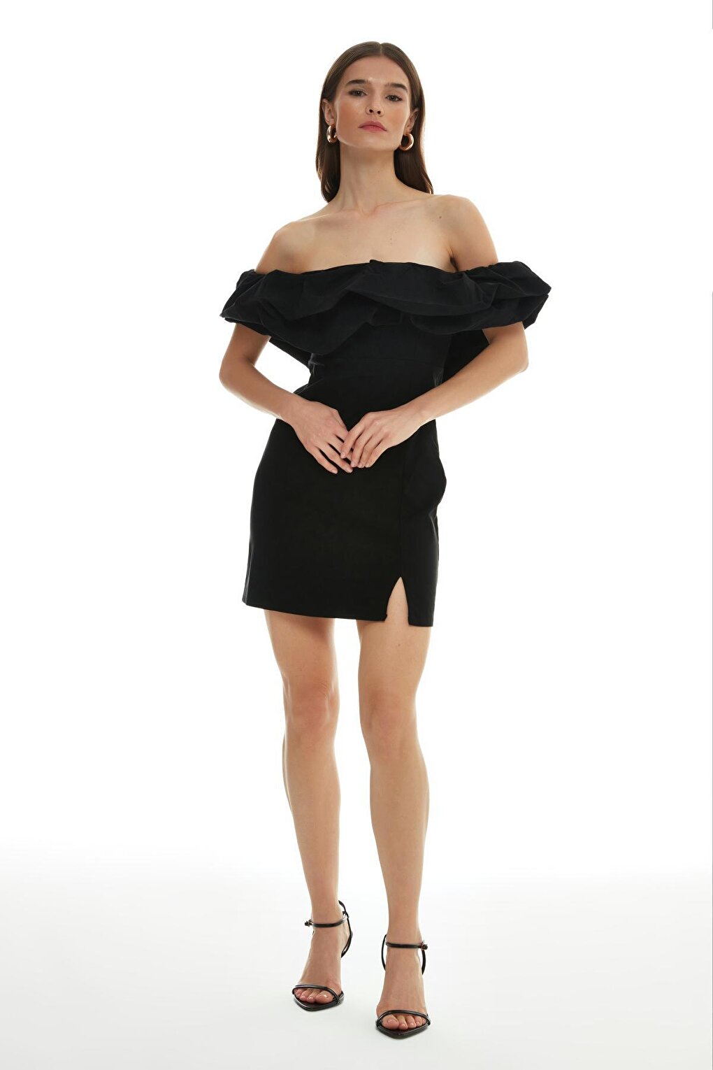 Ruffle Detailed Strapless Mini Dress Black