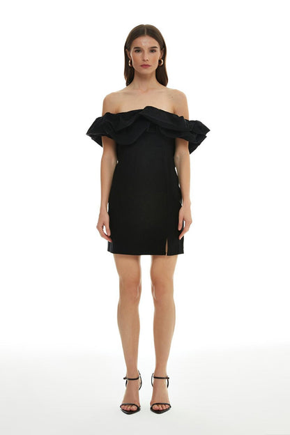 Ruffle Detailed Strapless Mini Dress Black