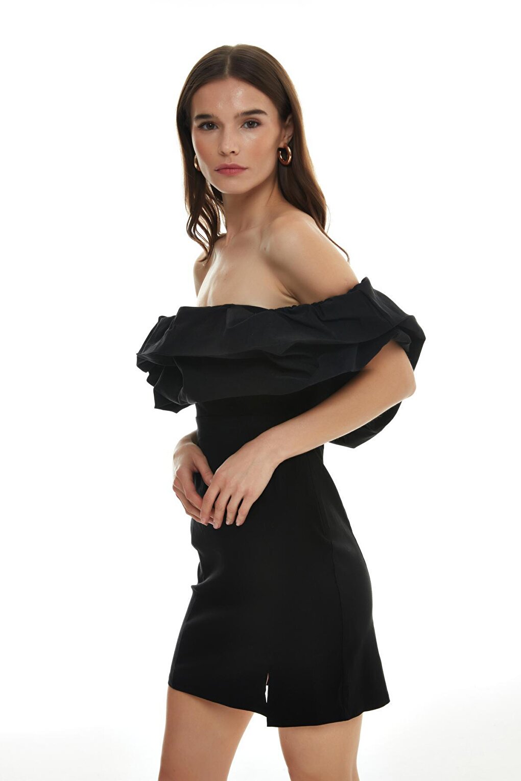 Ruffle Detailed Strapless Mini Dress Black