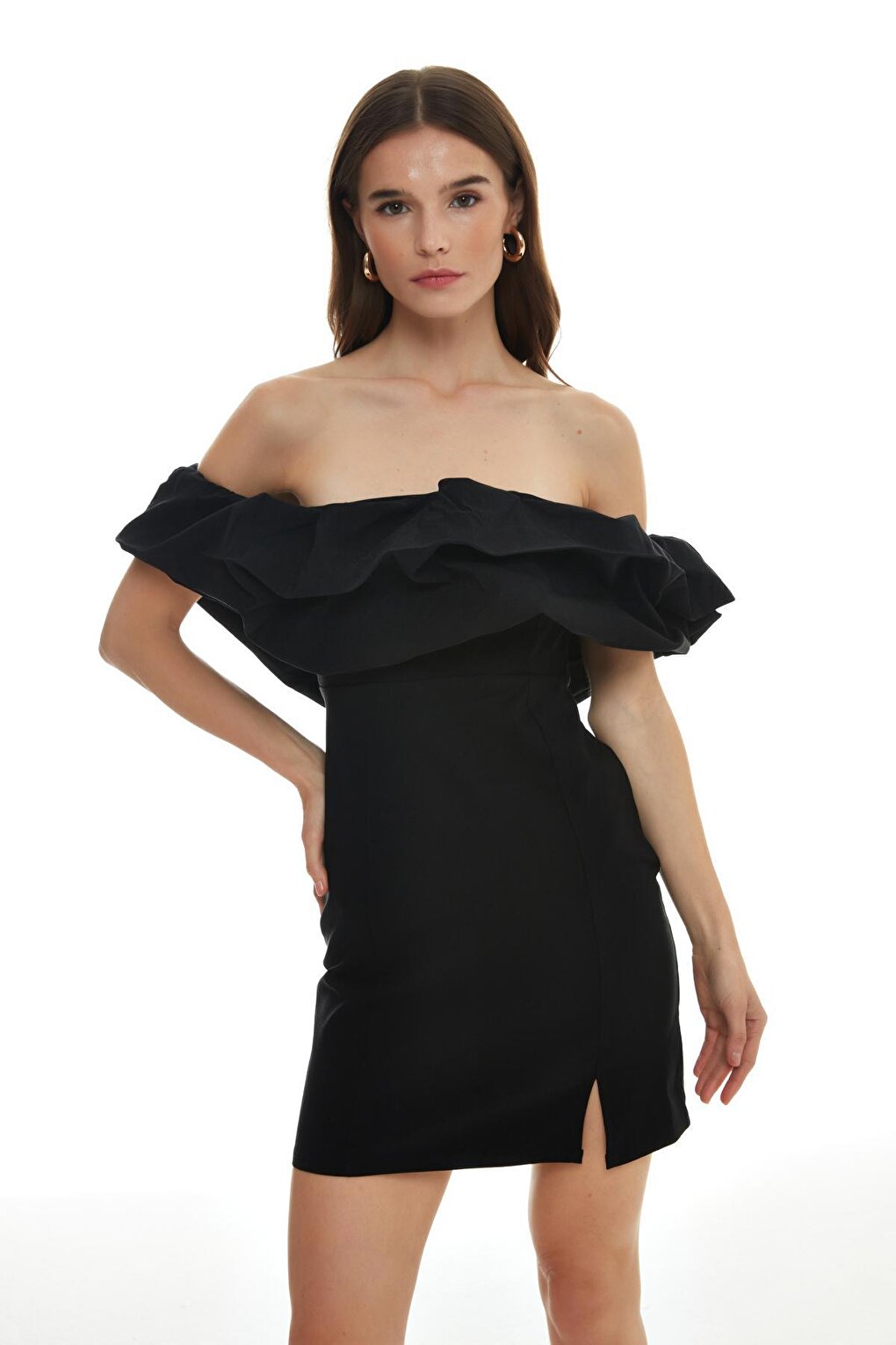 Ruffle Detailed Strapless Mini Dress Black