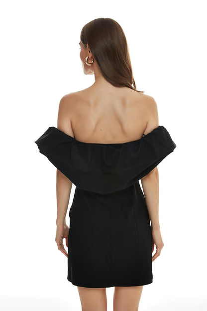 Ruffle Detailed Strapless Mini Dress Black