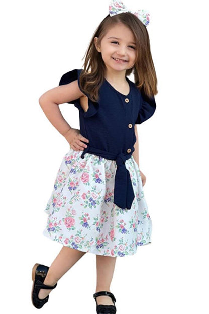 Girl's Button-Front Detailed Rose Printed Ruffle Sleeves Fluffy Skirt Navy Blue Dress 2-10 Years