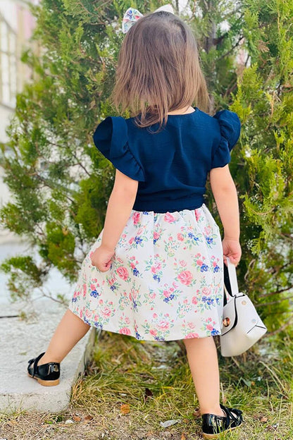 Girl's Button-Front Detailed Rose Printed Ruffle Sleeves Fluffy Skirt Navy Blue Dress 2-10 Years