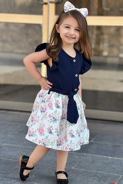 Girl's Button-Front Detailed Rose Printed Ruffle Sleeves Fluffy Skirt Navy Blue Dress 2-10 Years