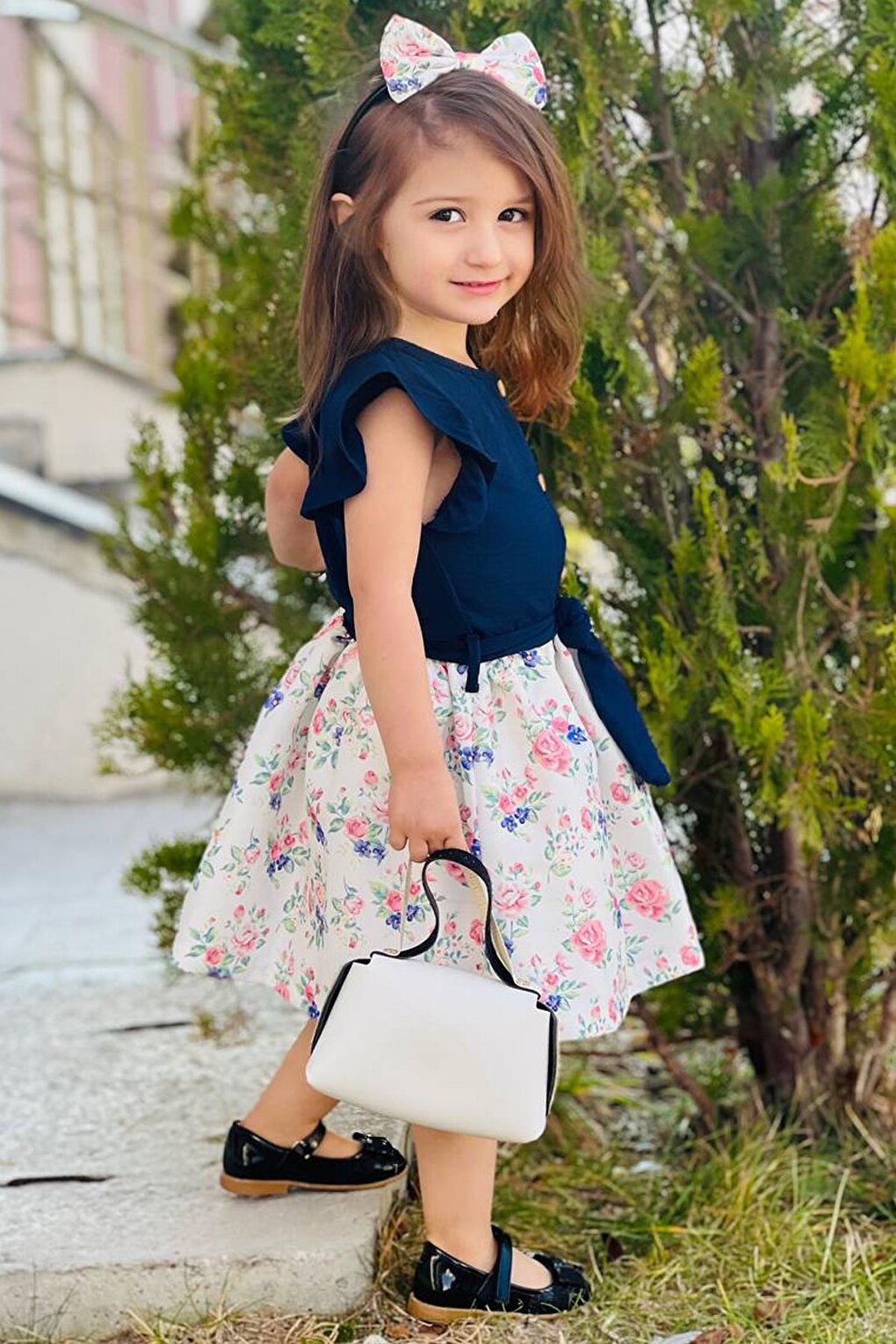 Girl's Button-Front Detailed Rose Printed Ruffle Sleeves Fluffy Skirt Navy Blue Dress 2-10 Years