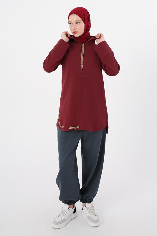 Burgundy Hooded Chain Glitter Detailed Raised Sweat Tunic