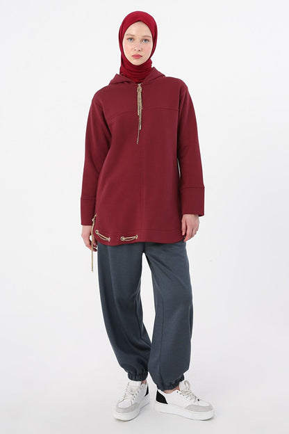 Burgundy Hooded Chain Glitter Detailed Raised Sweat Tunic