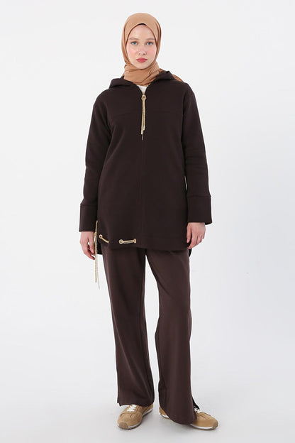 Bitter Brown Hooded Chain Glitter Detailed Raised Sweat Tunic