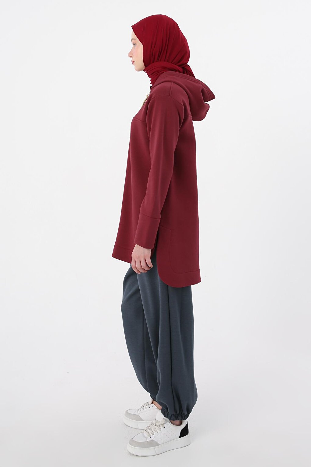 Burgundy Hooded Chain Glitter Detailed Raised Sweat Tunic