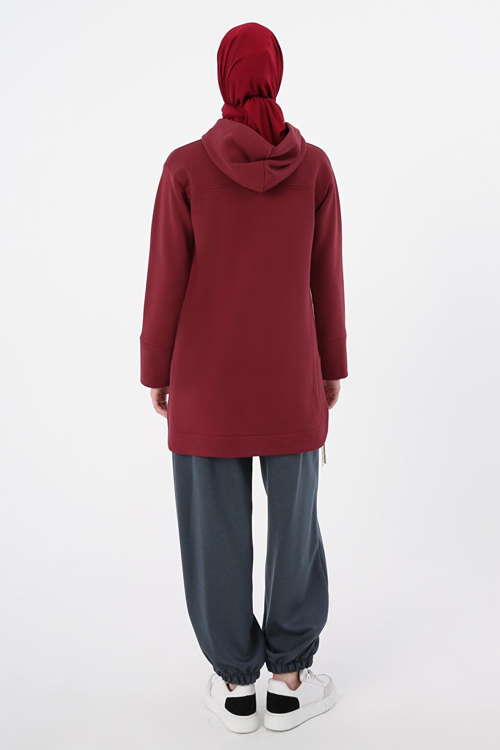 Burgundy Hooded Chain Glitter Detailed Raised Sweat Tunic