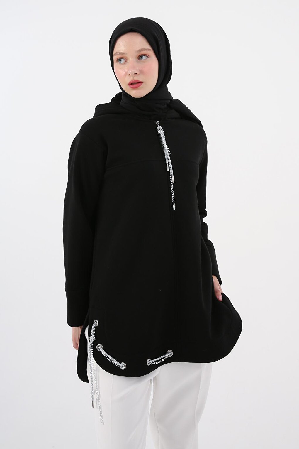 Black Hooded Chain Glitter Detailed Raised Sweat Tunic