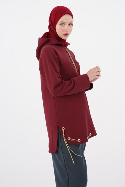 Burgundy Hooded Chain Glitter Detailed Raised Sweat Tunic