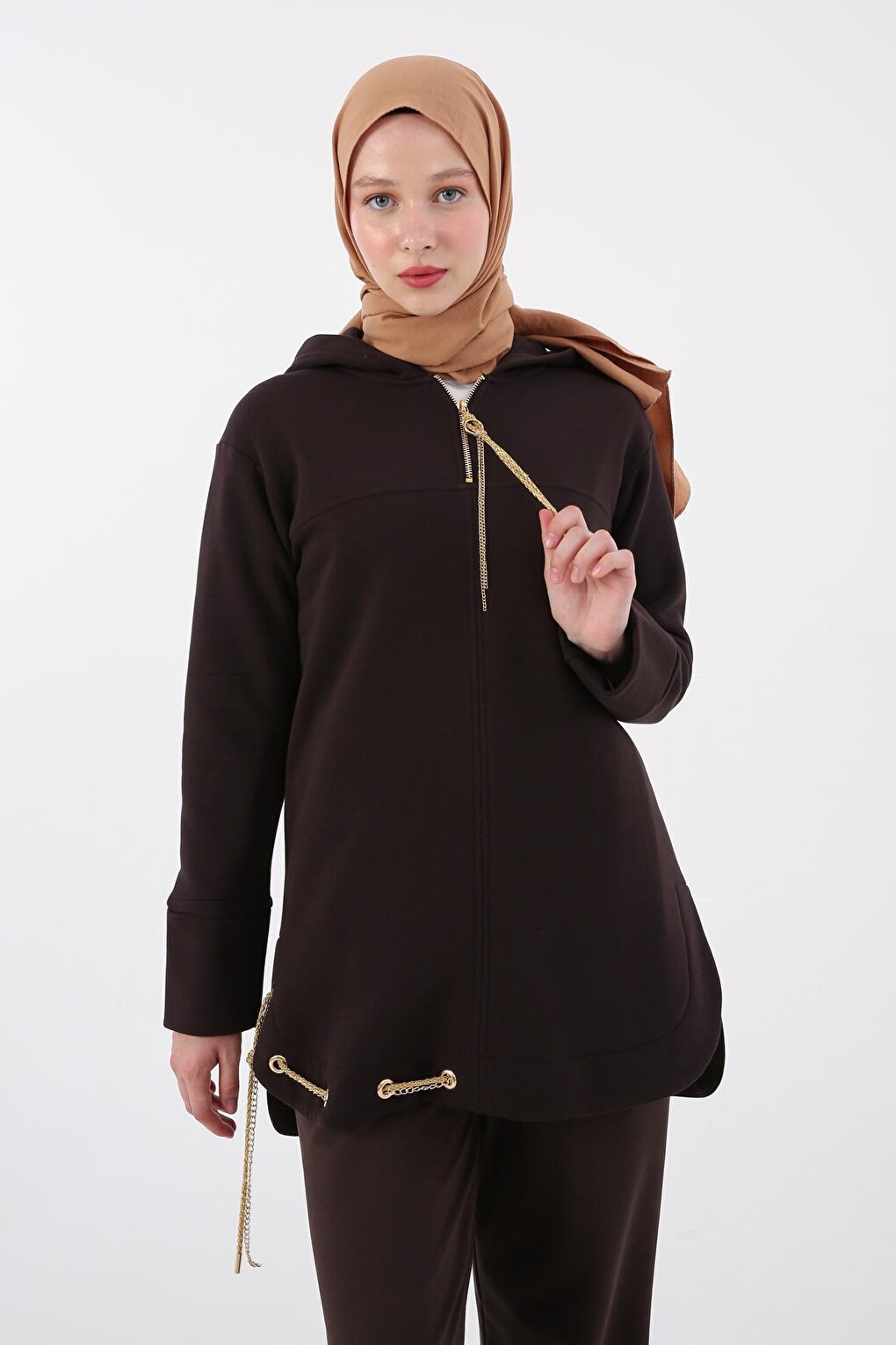 Bitter Brown Hooded Chain Glitter Detailed Raised Sweat Tunic