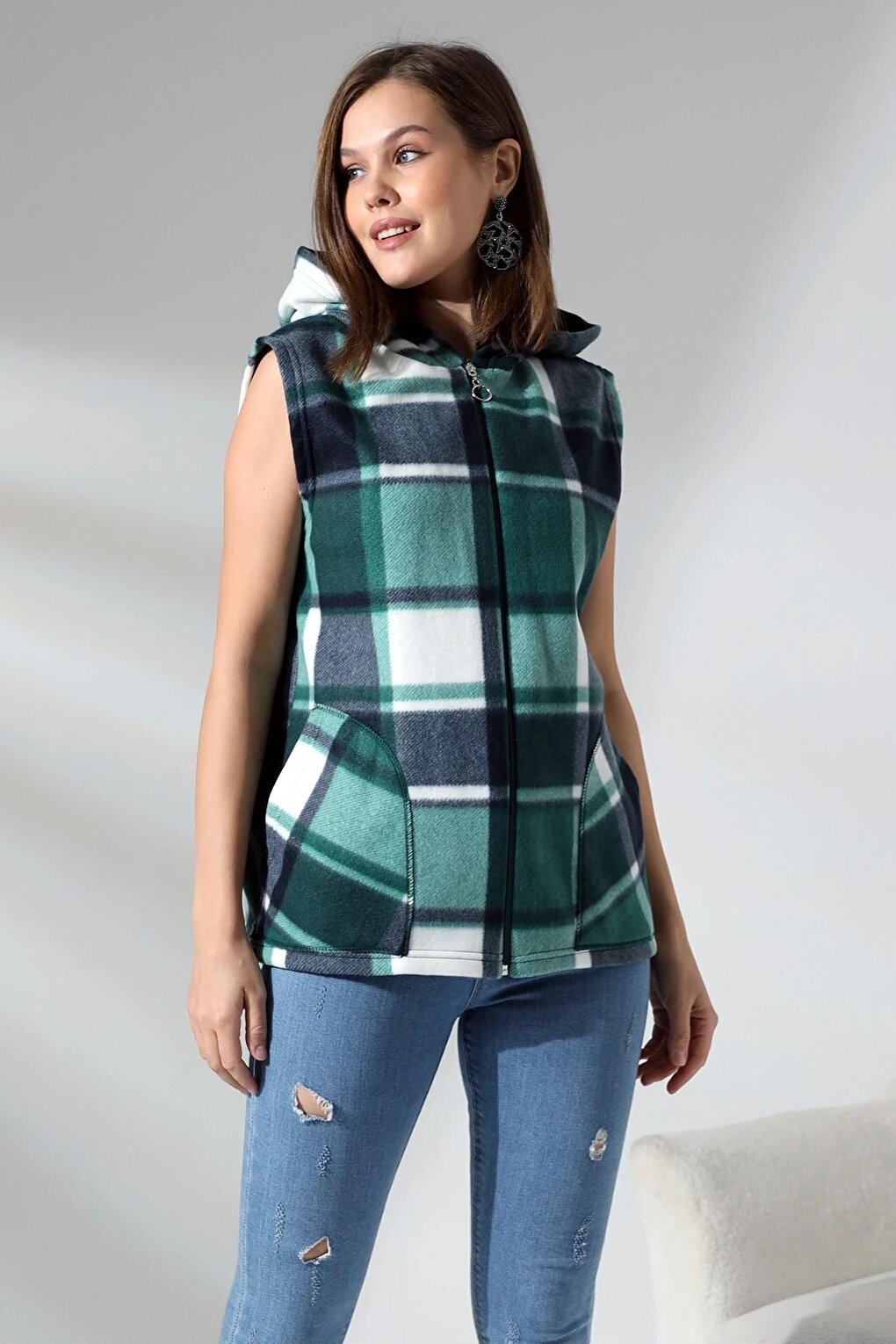 Plaid Hooded Fleece Vest