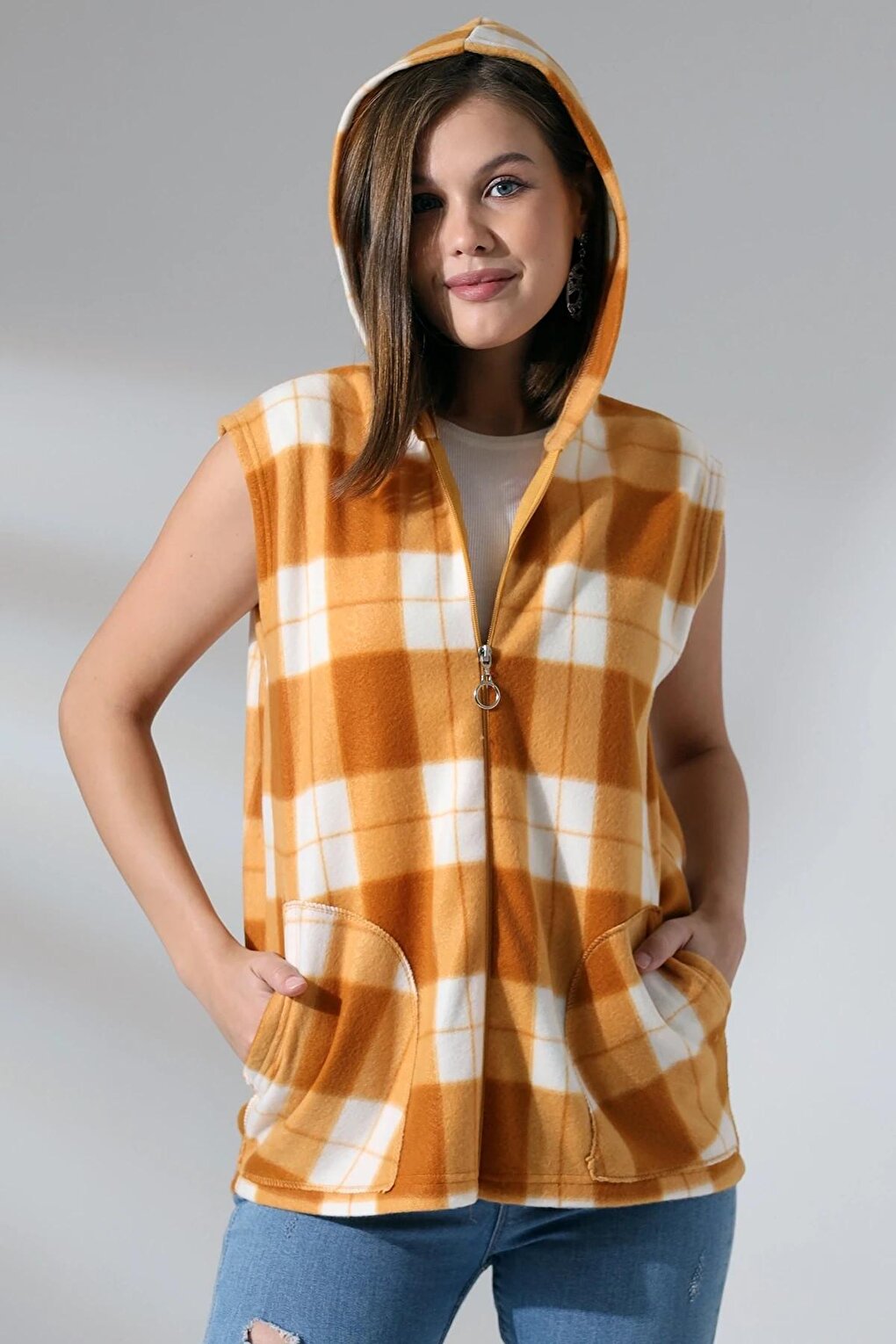 Plaid Hooded Fleece Vest