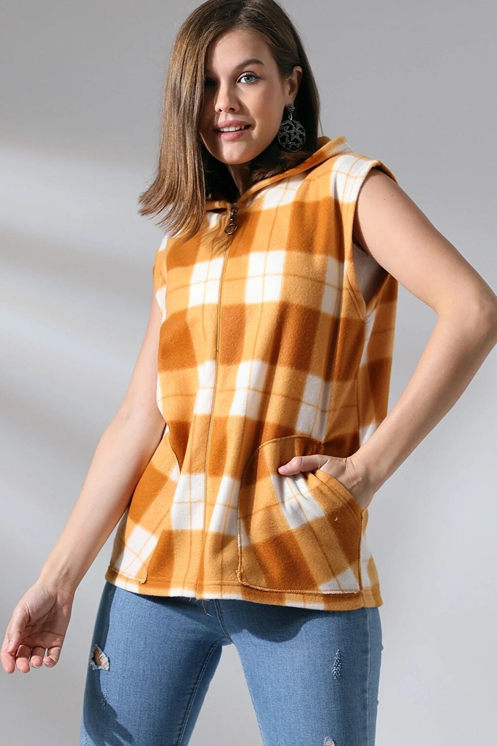 Plaid Hooded Fleece Vest